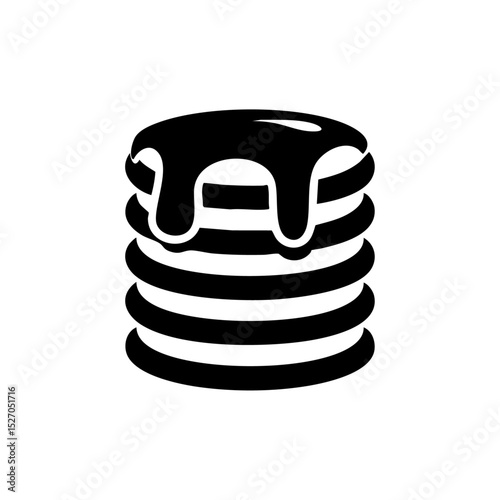 Vector icon of stacked pancakes with syrup drizzle in black minimalist style. Black silhouette of pancakes for diner, bakery, or food branding.



