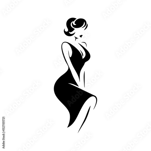 Elegant black vector silhouette of a pin-up girl in a classic pose.

