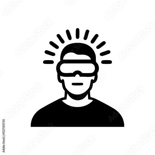Minimalist black vector icon of a person wearing VR goggles with radiating lines.

