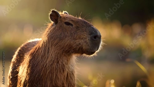 Wallpaper Mural Capybara gazing in natural golden hour sunlight in South American swampland wildlife habitat, animal close up portrait. Torontodigital.ca