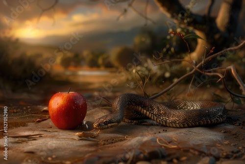 Sin origin: Eden story, Adam disobedience, Eve temptation, snake whisper, sacred tree, forbidden bite, knowledge burden, divine wrath, moral shift, Christian teaching, biblical imagery, faith message