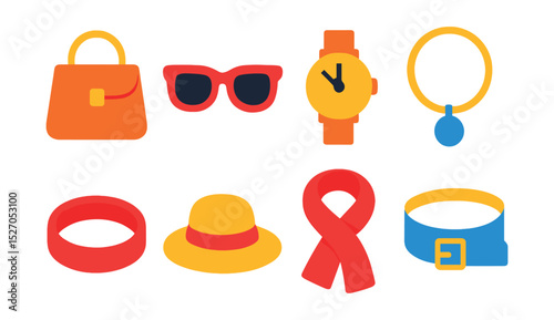 Flat vector icons of fashion accessories: handbag, sunglasses, watch, necklace, bracelet, hat, scarf, belt.