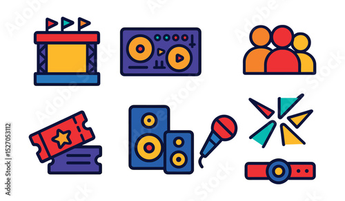 Flat vector icons of music festival elements: stage, DJ console, crowd, light beams, ticket, sound system, microphone, festival wristband.