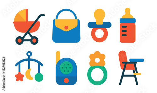 Flat vector icons of childcare essentials: baby stroller, diaper bag, pacifier, baby bottle, crib mobile, baby monitor, teething ring, high chair.