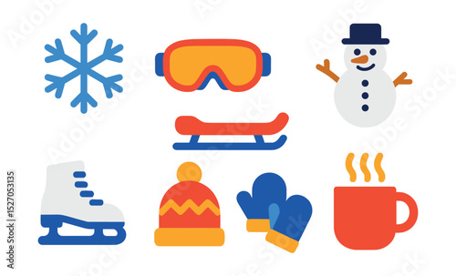 Flat vector icons of winter activities: snowflake, ski goggles, sled, snowman, ice skate, winter hat, mittens, hot cocoa.