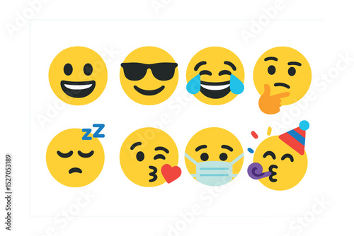Flat vector icons of smiley emojis: grinning face, smiling face with sunglasses, face with tears of joy, thinking face, sleeping face, face blowing a kiss, face with medical mask, face with party