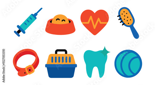 Flat vector icons of pet health and wellness: vaccination syringe, pet food bowl, heart monitor, grooming brush, flea collar, pet carrier, dental care, exercise ball.