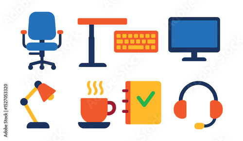 Flat vector icons of smart office: ergonomic chair, standing desk, wireless keyboard, monitor, desk lamp, coffee cup, planner, headset.