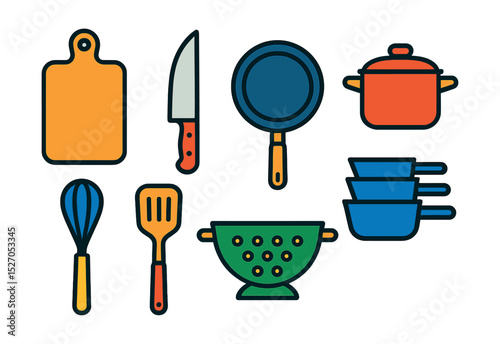 Flat vector icons of kitchen essentials: cutting board, chef knife, frying pan, saucepan, whisk, spatula, measuring cups, colander.