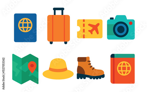 Flat vector icons of travel essentials: passport, suitcase, travel ticket, camera, map, sun hat, hiking boots, travel guidebook.