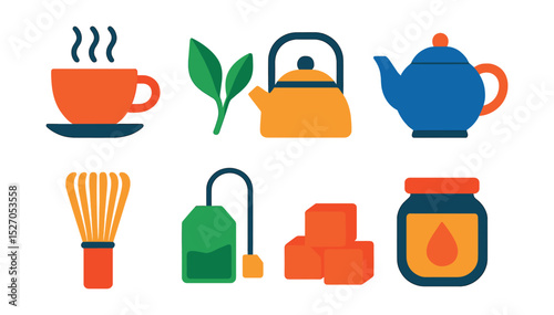 Flat vector icons of tea culture: teacup, tea leaves, kettle, teapot, matcha whisk, tea bag, sugar cube, honey jar.