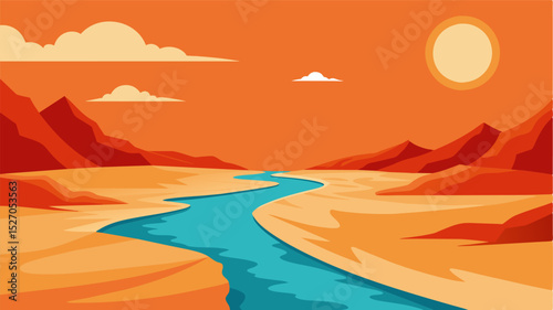 A parched riverbed the waters edge now a distant memory as the scorching sun beats down on its driedup surface.. Vector illustration
