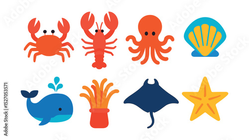 Flat vector icons of sea creatures: crab, lobster, octopus, clam, whale, sea anemone, manta ray, starfish.
