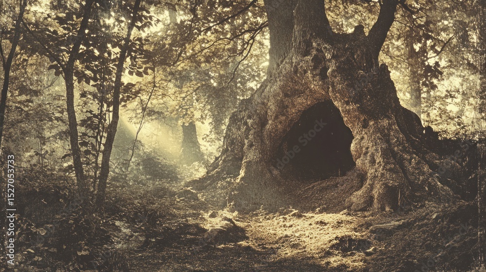 Fototapeta premium Enchanting forest cave, mystical light, ancient trees