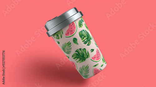 Stainless Steel Reusable Cup with Watermelon and Tropical Leaf Pattern