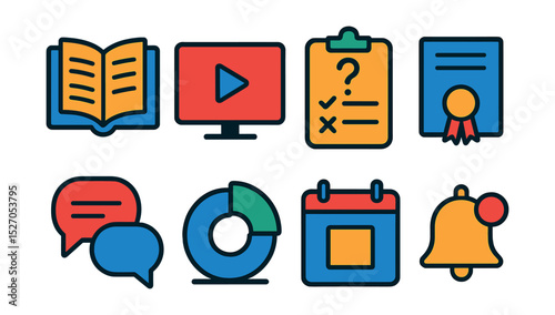 Flat vector icons of e-learning platforms: course catalog, video lecture, quiz, certificate, discussion forum, progress tracker, calendar, notification bell.