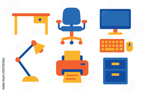 Flat vector icons of office workspace: desk, swivel chair, computer monitor, keyboard, mouse, printer, desk lamp, filing cabinet.