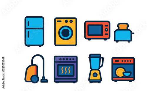 Flat vector icons of home appliances: refrigerator, washing machine, microwave, toaster, vacuum cleaner, oven, blender, dishwasher.
