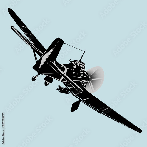 
Attack aircraft of the Second World War with a propeller. Black silhouette on a white background. Vector illustration. Eps 10. For the design of your designs in military style.