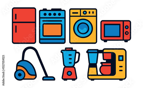 Flat vector icons of home appliances: refrigerator, oven, washing machine, microwave, vacuum cleaner, air conditioner, blender, coffee maker.