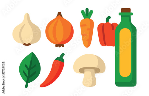 Flat vector icons of cooking ingredients: garlic, onion, carrot, pepper, basil, chili, mushroom, olive oil bottle.