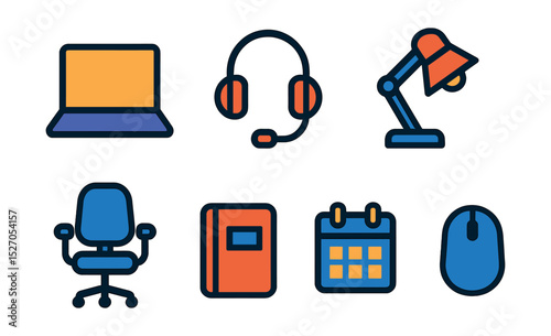 Flat vector icons of remote working essentials: laptop, headset, ergonomic chair, desk lamp, coffee cup, notebook, calendar, wireless mouse.