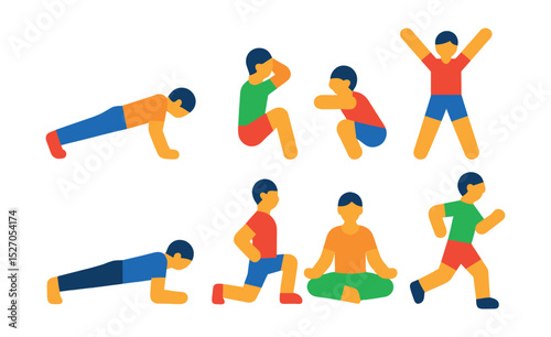 Flat vector icons of fitness exercises: push-up, sit-up, squat, jumping jack, plank, lunges, yoga pose, running.
