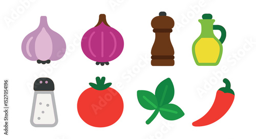 Flat vector icons of cooking ingredients: garlic, onion, tomato, salt shaker, pepper mill, olive oil, basil, chili pepper.