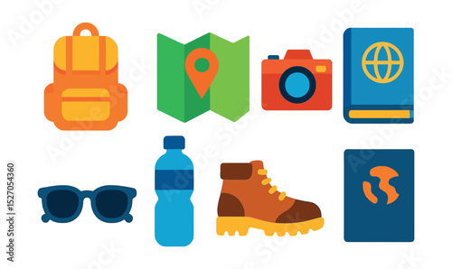 Flat vector icons of travel essentials: backpack, map, camera, travel guide, sunglasses, water bottle, hiking boots, passport.