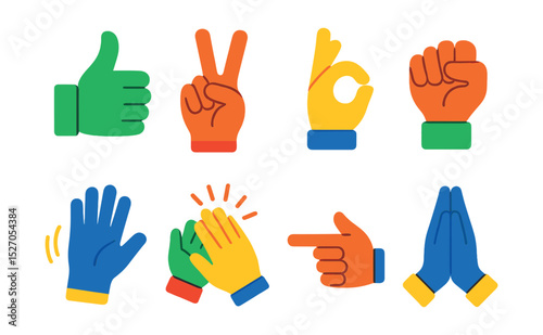 Flat vector icons of fun hand signs: thumbs up, peace sign, okay gesture, raised fist, waving hand, clapping hands, pointing finger, folded hands.