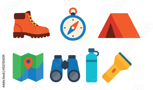 Flat vector icons of outdoor adventure gear: hiking boots, compass, backpack, tent, map, binoculars, water bottle, flashlight.