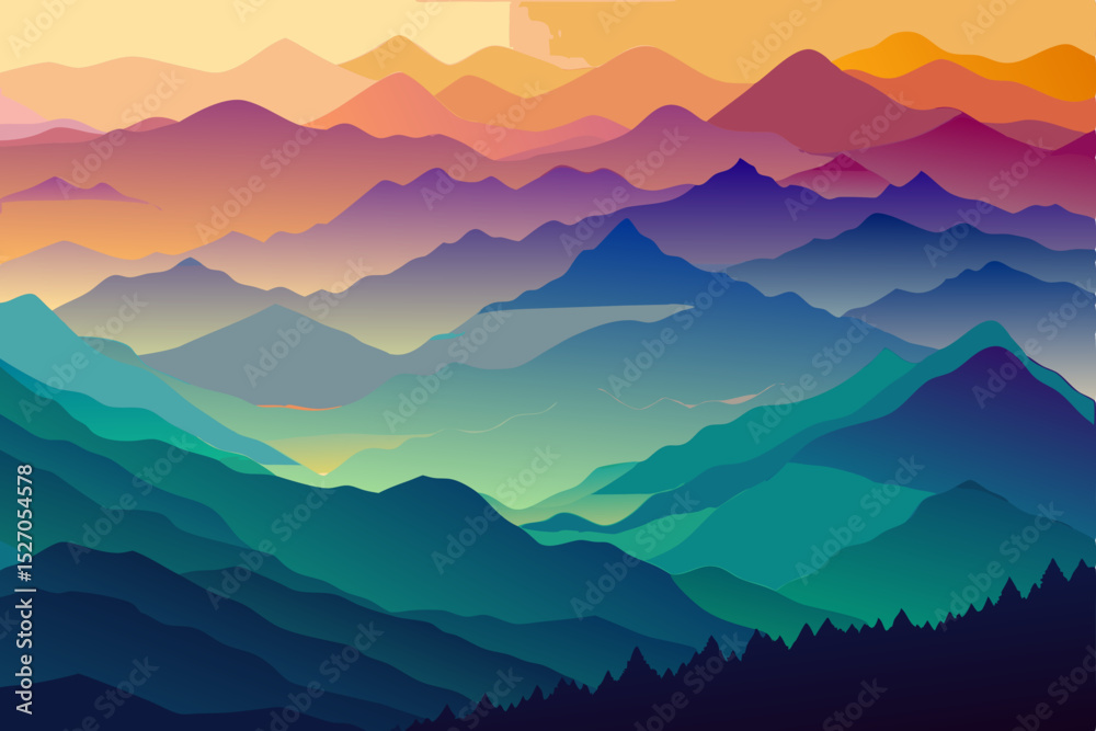 Obraz premium Misty morning mountain landscape with a serene sky, range, and forest views