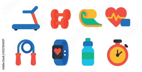 Flat vector icons of smart fitness equipment: treadmill, dumbbells, yoga mat, heart rate monitor, jump rope, fitness tracker, water bottle, workout timer.