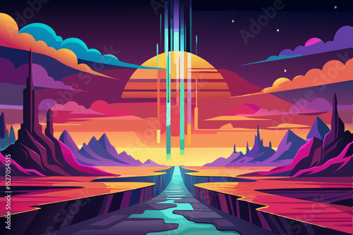 Fantasy vector illustration of a night landscape with mountains, stars, and a serene blue sky