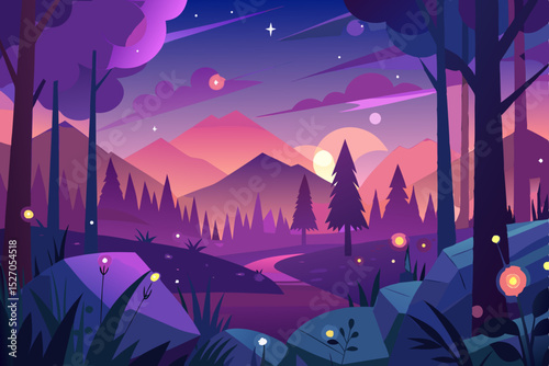 Dark vector illustration of a night forest landscape with moon and stars, featuring trees, mountains, and a distant city silhouette