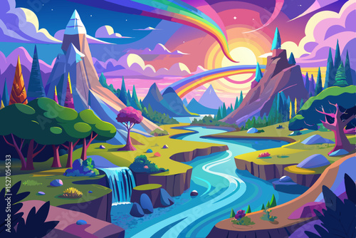 Fantasy vector illustration of a winter forest landscape with a rainbow and Christmas tree decoration, a festive night scene