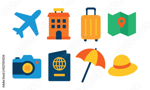 Flat vector icons of holiday travel: airplane, hotel, suitcase, map, camera, passport, beach umbrella, sunhat.