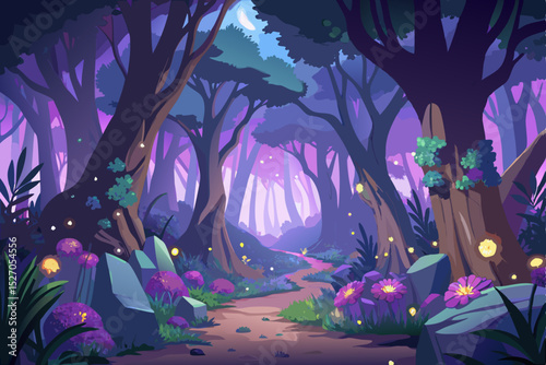 Enchanting fairy tale forest illustration at night, featuring a vibrant purple and pink sky illuminating trees and floral patterns