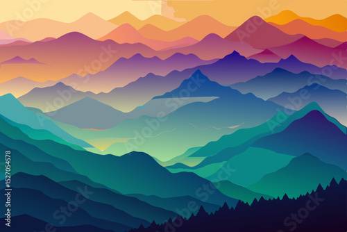 Misty morning mountain landscape with a serene sky, range, and forest views