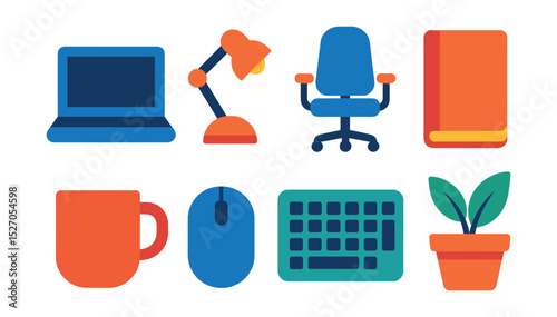 Flat vector icons of home office setup: laptop, desk lamp, ergonomic chair, notebook, coffee mug, mouse, keyboard, plant pot.