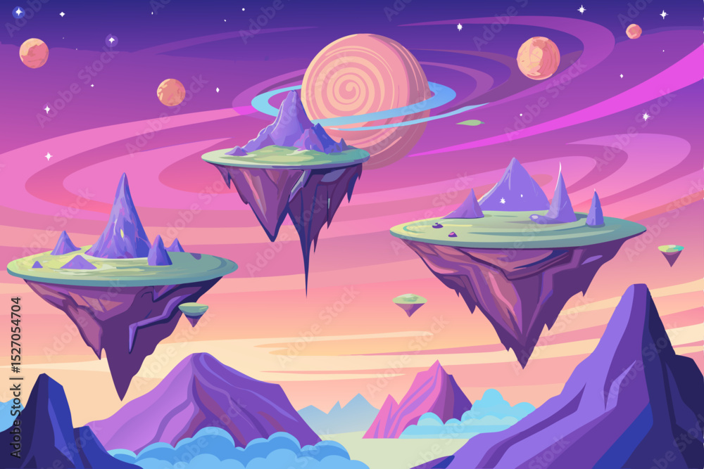 Naklejka premium Winter night sky illustration with a UFO and festive Christmas stars