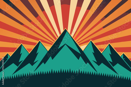 Vector illustration of a mountain landscape with sun, sky, and trees, ideal for travel and nature design