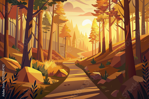 Vintage vector illustration of an autumn park landscape at sunset, with warm sun filtering through colorful fall leaves on trees