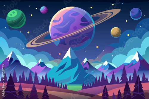 Cartoon rocket and UFOs fly among stars in the night sky