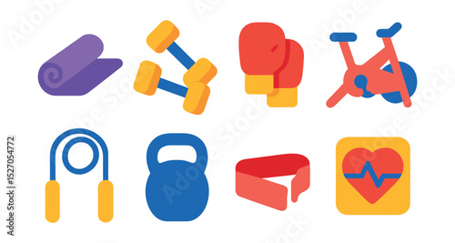 Flat vector icons of fitness classes: yoga mat, dumbbells, boxing gloves, spinning bike, jump rope, kettlebell, resistance band, heart rate monitor.