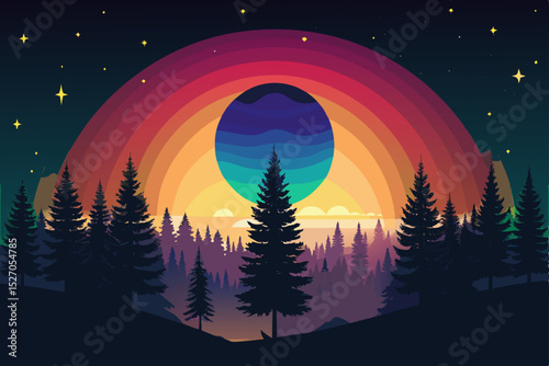 Moonlit night landscape with starry sky over a dark winter forest