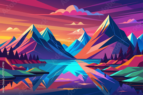 Winter mountain landscape with a sunset sky and snow-covered trees, perfect for a holiday nature illustration