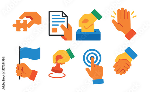 Flat vector icons of character hands in teamwork and leadership: hand placing puzzle piece, hand passing document, hand placing vote, hand giving high five, hand holding flag, hand with approval