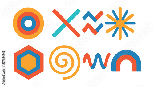 Flat vector icons of abstract geometry: concentric circles, intersecting lines, zigzag patterns, radial bursts, layered polygons, spirals, waveforms, arcs.