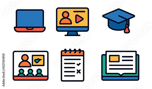 Flat vector icons of online education tools: laptop, video lecture, quiz sheet, graduation cap, certificate, online classroom, study notes, digital textbook.